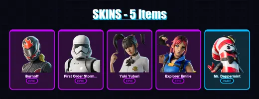 [PC] | Burnoff | First Order Stormtrooper | Yuki Yubari | Explorer Emilie | Mr. Dappermint | 5 skin | 36 pickaxe | 11 emote | 21 glider | Lv247