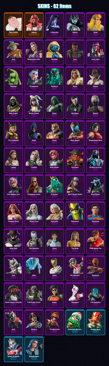 [SWITCH/PSN/PC] | Peter Griffin | Valeria | Corascana | Sakara | Soleil | 62 skin | 77 pickaxe | 34 emote | 53 glider | Lv513