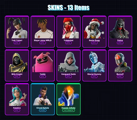[PC/XBOX/PSN] | Yuki Yubari | Slayer Juice WRLD | Yulejacket | Santa Dogg | Felina | 13 skin | 61 pickaxe | 20 emote | 36 glider | Lv555