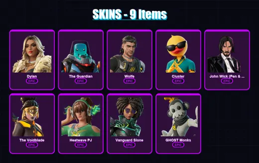 [PC/PSN] | Dylan | The Guardian | Wolfe | Cluster | John Wick (Pen & Ink) | 9 skin | 19 pickaxe | 11 emote | 14 glider | Lv249