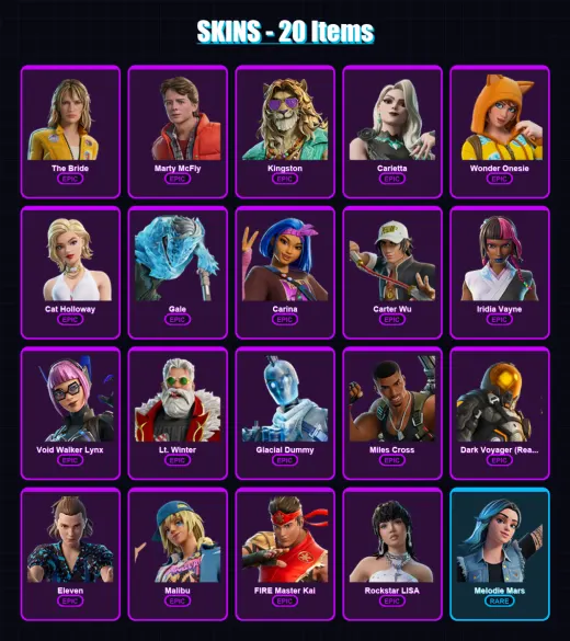 [PC/XBOX/PSN] | The Bride | Marty McFly | Kingston | Carletta | Wonder Onesie | 20 skin | 36 pickaxe | 19 emote | 24 glider | Lv187