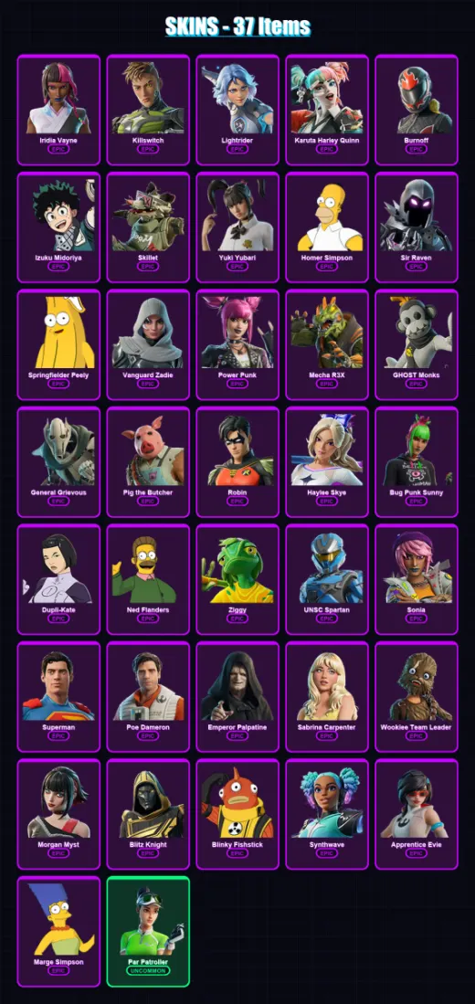 [PC] | Iridia Vayne | Killswitch | Lightrider | Karuta Harley Quinn | Burnoff | 37 skin | 99 pickaxe | 67 emote | 67 glider | Lv2255