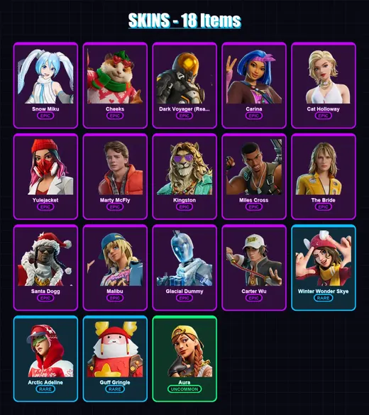 [PC/XBOX/PSN] | Snow Miku | Cheeks | Dark Voyager (Reality Redacted) | Carina | Cat Holloway | 18 skin | 48 pickaxe | 32 emote | 33 glider | Lv546