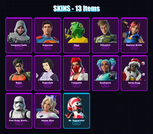 [PC/XBOX/PSN] | Vanguard Zadie | Superman | Ziggy | Killswitch | Explorer Emilie | 13 skin | 51 pickaxe | 21 emote | 32 glider | Lv447