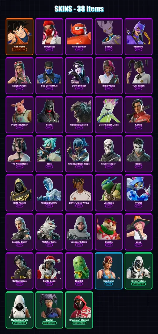 [PS4/PS5/XBOX/PC] | Son Goku | Yulejacket | Hero Baymax | Beerus | Valentina | 38 skin | 107 pickaxe | 56 emote | 64 glider | Lv1054 — Game account