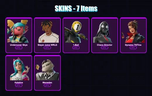 [PC/XBOX/PSN] | Undercover Skye | Slayer Juice WRLD | 1-Ball | Chaos Director | Dynamo TNTina | 7 skin | 13 pickaxe | 9 emote | 8 glider | Lv64