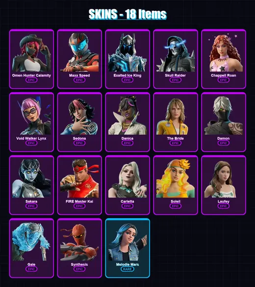 [PC/XBOX/PSN] | Omen Hunter Calamity | Maxx Speed | Exalted Ice King | Skull Raider | Chappell Roan | 18 skin | 8 pickaxe | 2 emote | 1 glider | Lv3 — Game account