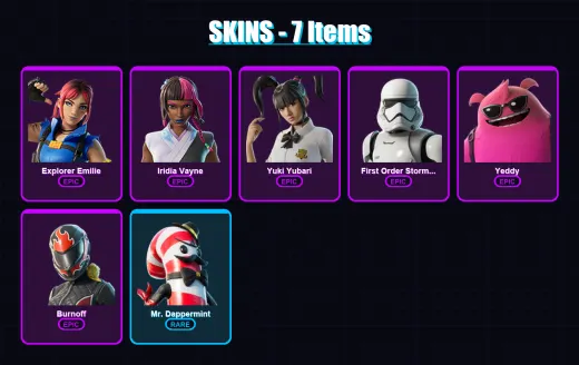 [PC/XBOX/PSN] | Explorer Emilie | Iridia Vayne | Yuki Yubari | First Order Stormtrooper | Yeddy | 7 skin | 38 pickaxe | 13 emote | 18 glider | Lv195