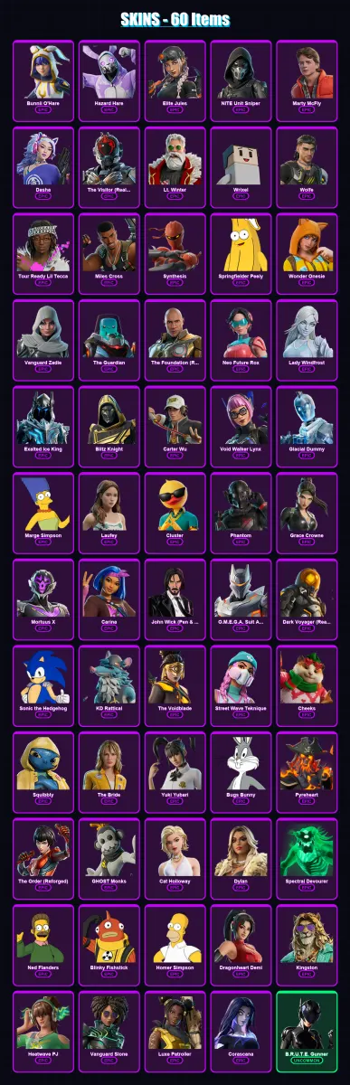 [PS4/PS5/XBOX/PC] | Bunnii O'Hare | Hazard Hare | Elite Jules | NITE Unit Sniper | Marty McFly | 60 skin | 111 pickaxe | 58 emote | 79 glider | Lv16