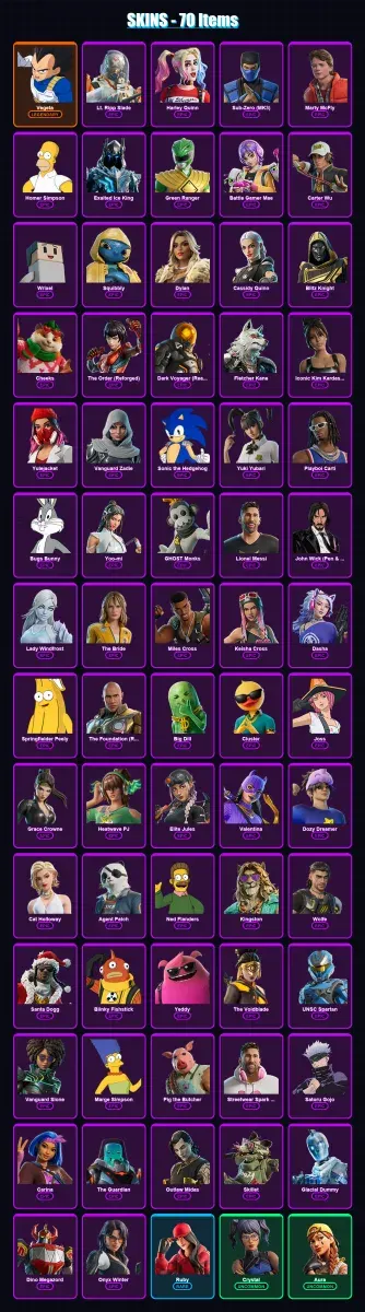 [PC/XBOX] | Vegeta | Lt. Ripp Slade | Harley Quinn | Sub-Zero (MK3) | Marty McFly | 70 skin | 123 pickaxe | 76 emote | 85 glider | Lv1445
