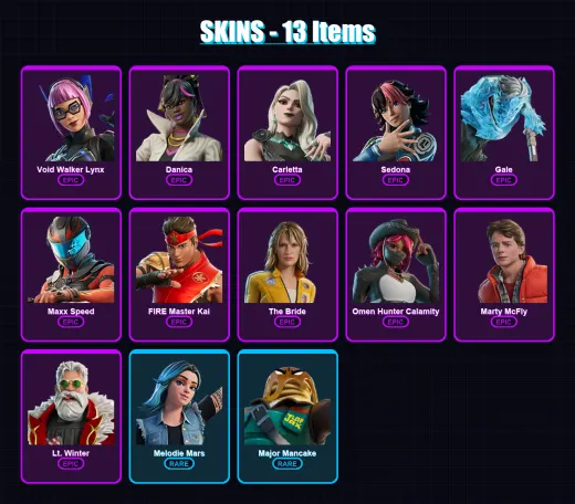 [PC] | Void Walker Lynx | Danica | Carletta | Sedona | Gale | 13 skin | 13 pickaxe | 10 emote | 6 glider | Lv111