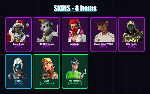 [PS4/PS5/XBOX/PC] | Santa Dogg | GHOST Monks | Yulejacket | Slayer Juice WRLD | Blitz Knight | 8 skin | 44 pickaxe | 18 emote | 30 glider | Lv411