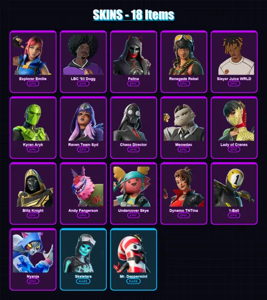 [PC/XBOX/PSN] | Explorer Emilie | LBC '93 Dogg | Felina | Renegade Rebel | Slayer Juice WRLD | 18 skin | 30 pickaxe | 14 emote | 14 glider | Lv205