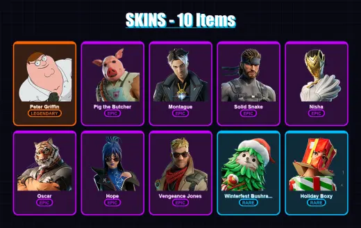 [PC/XBOX/PSN] | Peter Griffin | Pig the Butcher | Montague | Solid Snake | Nisha | 10 skin | 23 pickaxe | 14 emote | 19 glider | Lv176