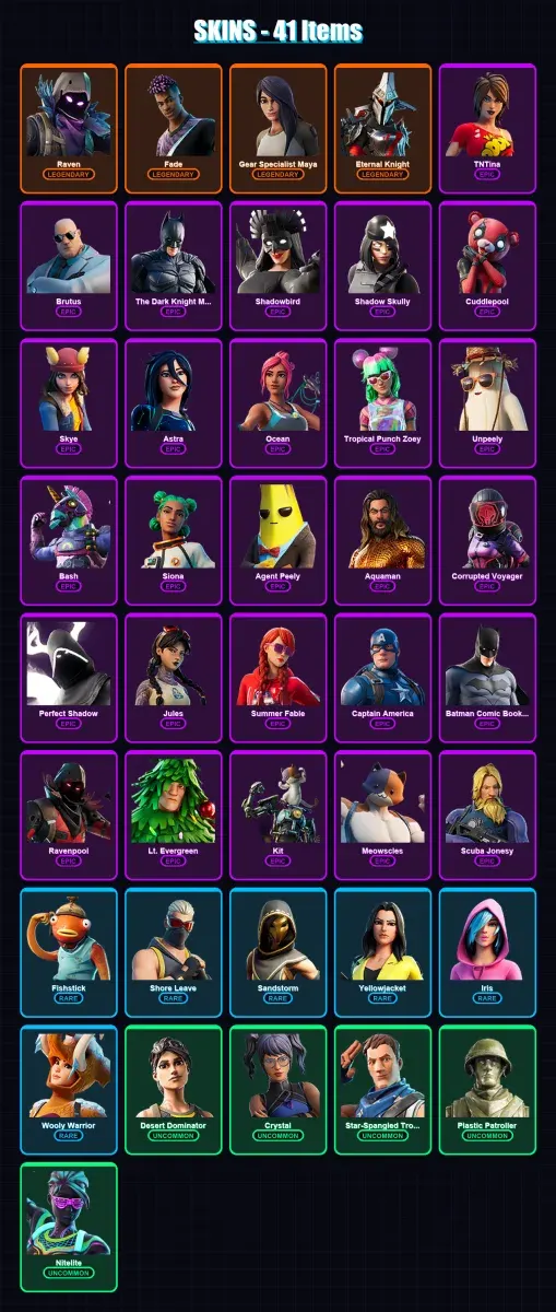 [PC/PSN] | Raven | Fade | Gear Specialist Maya | Eternal Knight | TNTina | 41 skin | 24 pickaxe | 43 emote | 28 glider | Lv394