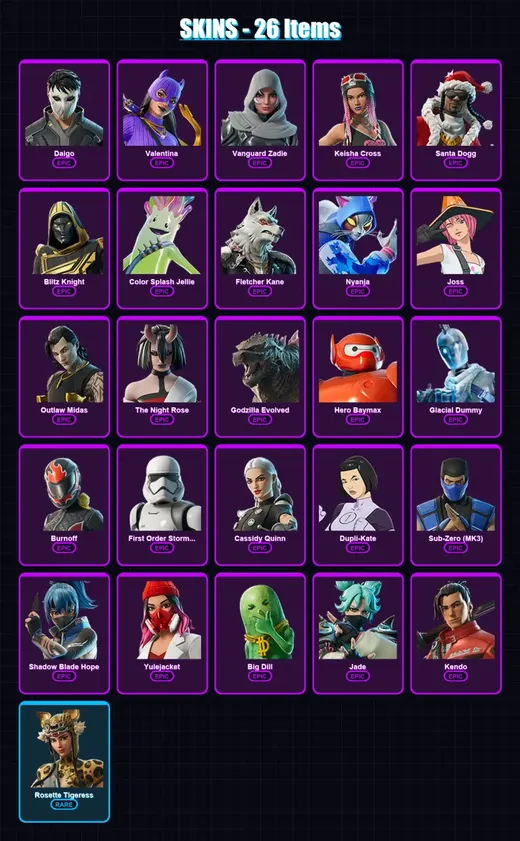 [PC/XBOX/PSN] | Daigo | Valentina | Vanguard Zadie | Keisha Cross | Santa Dogg | 26 skin | 73 pickaxe | 38 emote | 47 glider | Lv1425