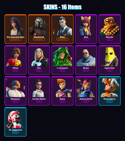 [PC/PSN] | Gear Specialist Maya | Mandalorian | Midas | Skye | Mancake | 16 skin | 25 pickaxe | 18 emote | 29 glider | Lv400