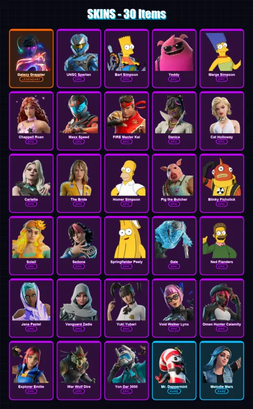 [PC/PSN] | Galaxy Grappler | UNSC Spartan | Bart Simpson | Yeddy | Marge Simpson | 30 skin | 75 pickaxe | 42 emote | 39 glider | Lv849