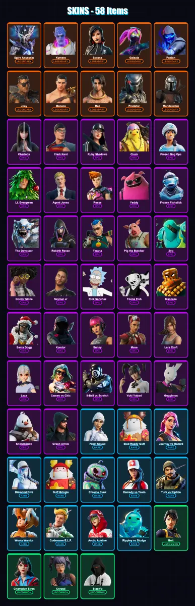 [PC/XBOX] | Spire Assassin | Kymera | Sorana | Galaxia | Fusion | 58 skin | 100 pickaxe | 69 emote | 88 glider | Lv1584
