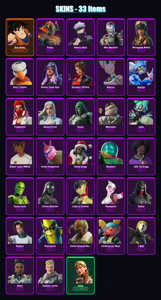 [PS4/PS5/XBOX/PC] | Son Goku | Polus | Satoru Gojo | War Machine | Renegade Rebel | 33 skin | 51 pickaxe | 30 emote | 31 glider | Lv387