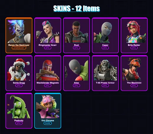 [PS4/PS5/XBOX/PC] | Renzo the Destroyer | Ringmaster Scarr | Rust | Caper | Brite Raider | 12 skin | 26 pickaxe | 8 emote | 19 glider | Lv159