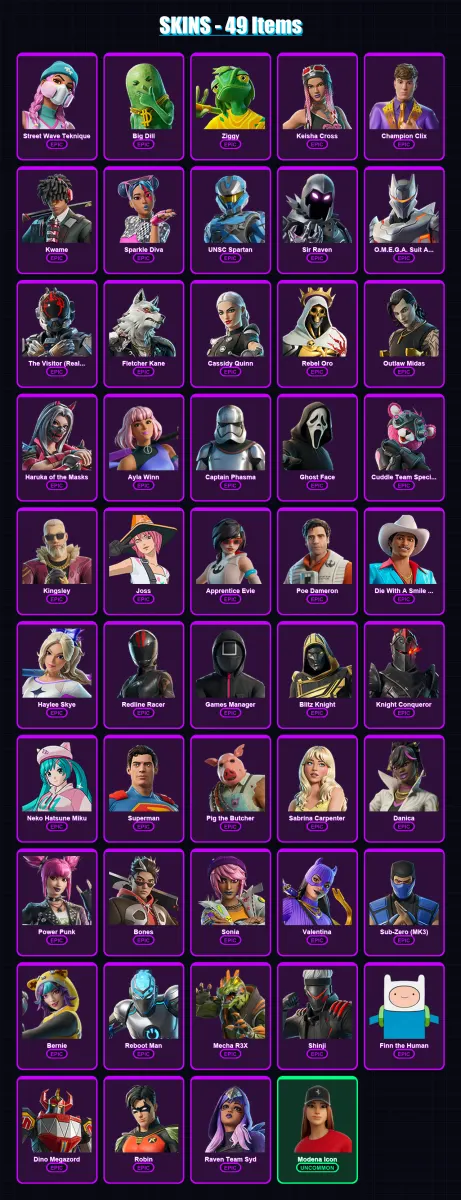 [PC/XBOX/PSN] | Street Wave Teknique | Big Dill | Ziggy | Keisha Cross | Champion Clix | 49 skin | 68 pickaxe | 44 emote | 40 glider | Lv317
