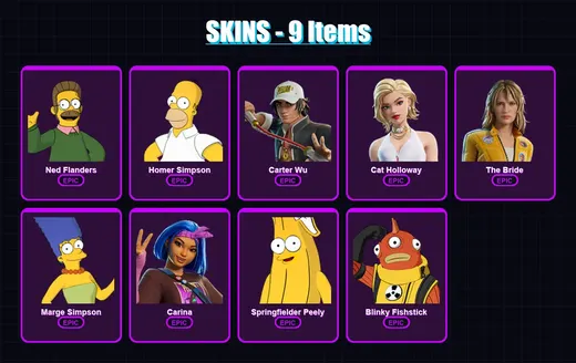 [PC/XBOX/PSN] | Ned Flanders | Homer Simpson | Carter Wu | Cat Holloway | The Bride | 9 skin | 30 pickaxe | 18 emote | 26 glider | Lv244