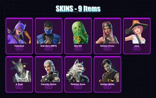 [PC/XBOX/PSN] | Valentina | Sub-Zero (MK3) | Big Dill | Keisha Cross | Joss | 9 skin | 27 pickaxe | 21 emote | 20 glider | Lv223