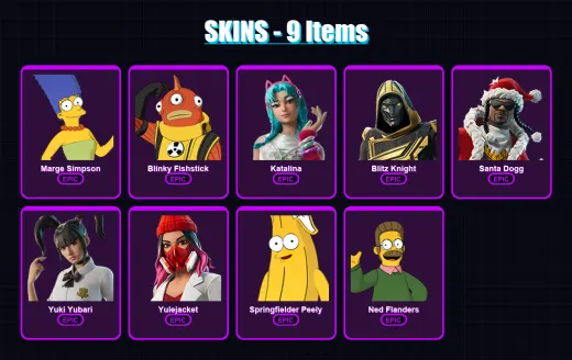 [PC/XBOX/PSN] | Marge Simpson | Blinky Fishstick | Katalina | Blitz Knight | Santa Dogg | 9 skin | 44 pickaxe | 18 emote | 29 glider | Lv446
