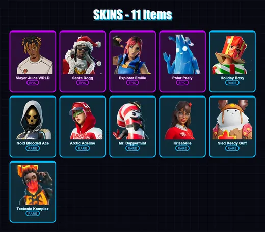 [PC/PSN] | Slayer Juice WRLD | Santa Dogg | Explorer Emilie | Polar Peely | Holiday Boxy | 11 skin | 36 pickaxe | 21 emote | 23 glider | Lv471 — Game account