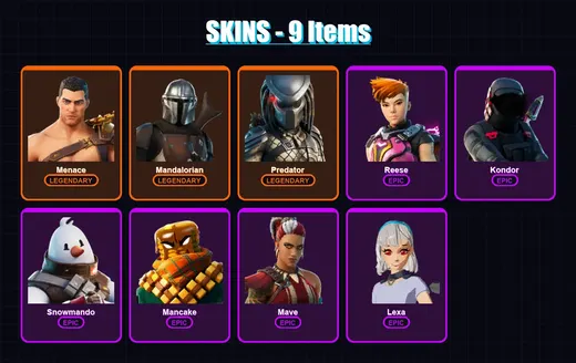 [PC/XBOX/PSN] | Menace | Mandalorian | Predator | Reese | Kondor | 9 skin | 13 pickaxe | 8 emote | 12 glider | Lv165 — Game account