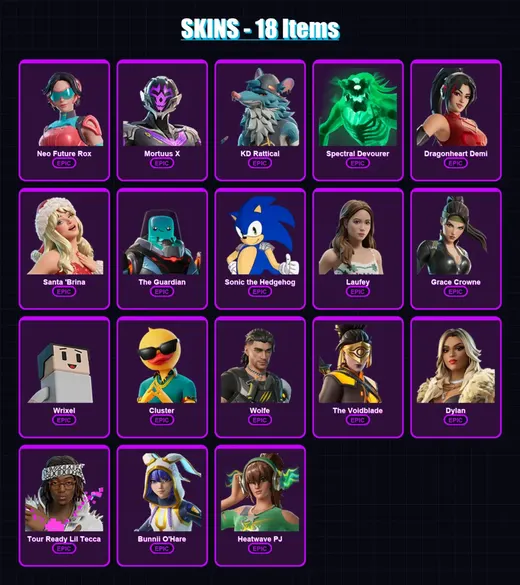 [PC/XBOX/PSN] | Neo Future Rox | Mortuus X | KD Rattical | Spectral Devourer | Dragonheart Demi | 18 skin | 31 pickaxe | 19 emote | 17 glider | Lv12