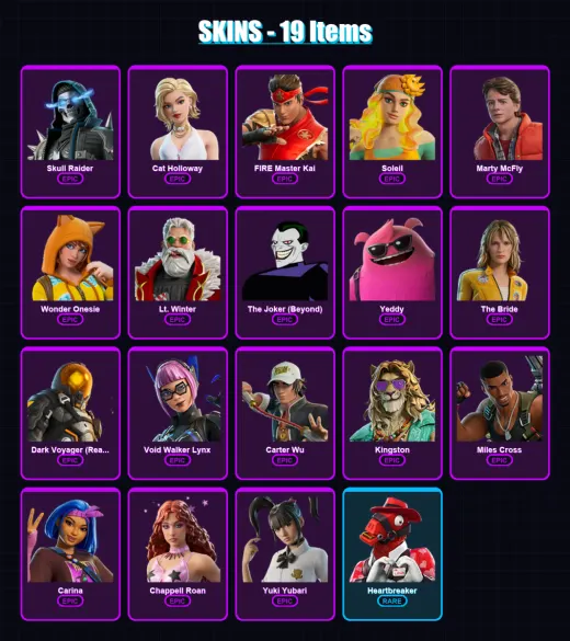 [PC/XBOX] | Skull Raider | Cat Holloway | FIRE Master Kai | Soleil | Marty McFly | 19 skin | 28 pickaxe | 19 emote | 22 glider | Lv187