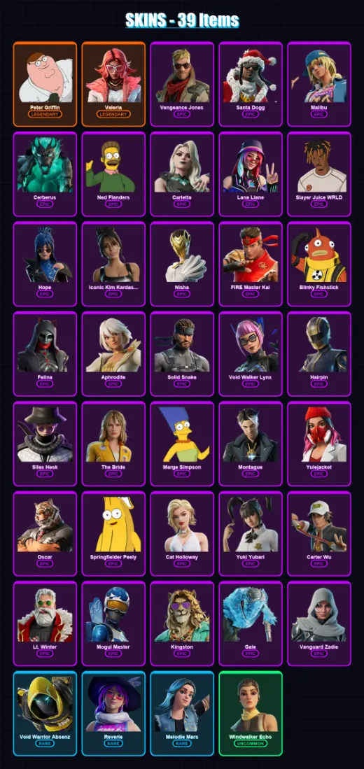 [PC/XBOX/PSN] | Peter Griffin | Valeria | Vengeance Jones | Santa Dogg | Malibu | 39 skin | 84 pickaxe | 46 emote | 47 glider | Lv744