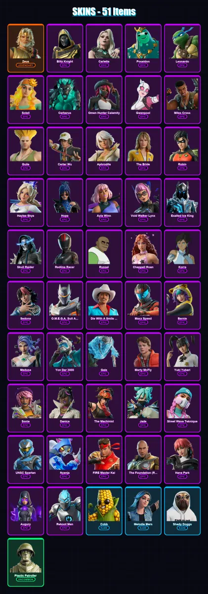 [PC/XBOX/PSN] | Zeus | Blitz Knight | Carletta | Poseidon | Leonardo | 51 skin | 48 pickaxe | 35 emote | 28 glider | Lv183