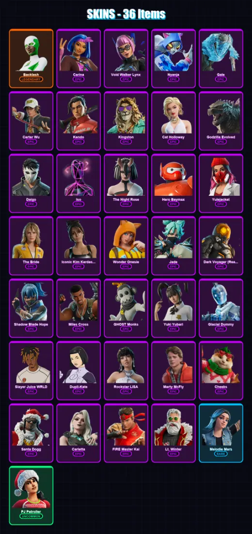 [PC/XBOX/PSN] | Backlash | Carina | Void Walker Lynx | Nyanja | Gale | 36 skin | 85 pickaxe | 48 emote | 56 glider | Lv1387
