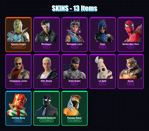 [PC] | Spectra Knight | Montague | Renegade Lynx | Hope | Spider-Man Zero | 13 skin | 19 pickaxe | 16 emote | 19 glider | Lv293