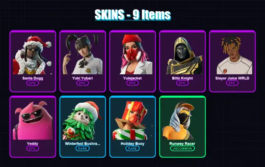[PC/PSN] | Santa Dogg | Yuki Yubari | Yulejacket | Blitz Knight | Slayer Juice WRLD | 9 skin | 54 pickaxe | 24 emote | 37 glider | Lv522