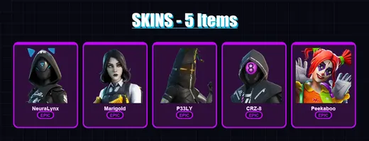 [PS4/PS5/XBOX/PC] | NeuraLynx | Marigold | P33LY | CRZ-8 | Peekaboo | 5 skin | 10 pickaxe | 6 emote | 6 glider | Lv65