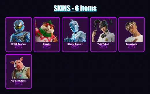 [PC/PSN] | UNSC Spartan | Cheeks | Glacial Dummy | Yuki Yubari | Sunset Alto | 6 skin | 36 pickaxe | 16 emote | 26 glider | Lv407