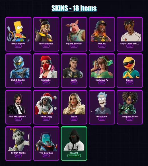 [PC/XBOX/PSN] | Bart Simpson | The Voidblade | Pig the Butcher | AMP KAI | Slayer Juice WRLD | 18 skin | 55 pickaxe | 25 emote | 29 glider | Lv467