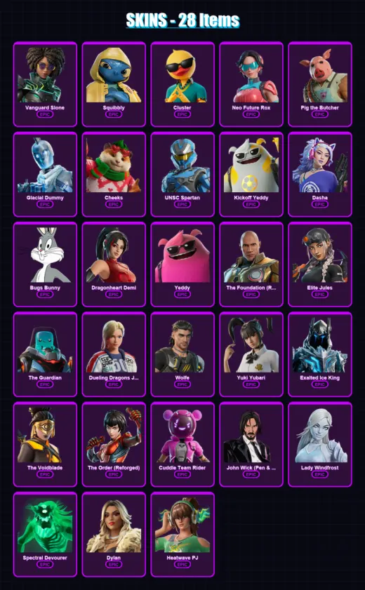 [PS4/PS5/XBOX/PC] | Vanguard Slone | Squibbly | Cluster | Neo Future Rox | Pig the Butcher | 28 skin | 65 pickaxe | 35 emote | 52 glider | Lv940