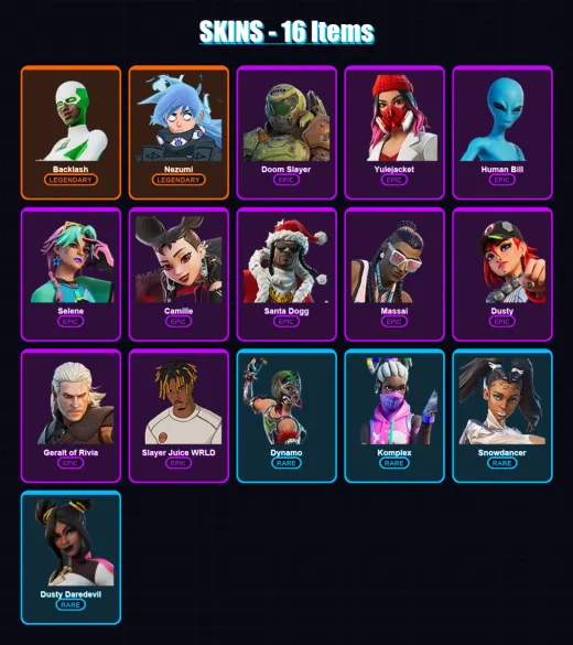 [PC/XBOX/PSN] | Backlash | Nezumi | Doom Slayer | Yulejacket | Human Bill | 16 skin | 31 pickaxe | 13 emote | 18 glider | Lv196