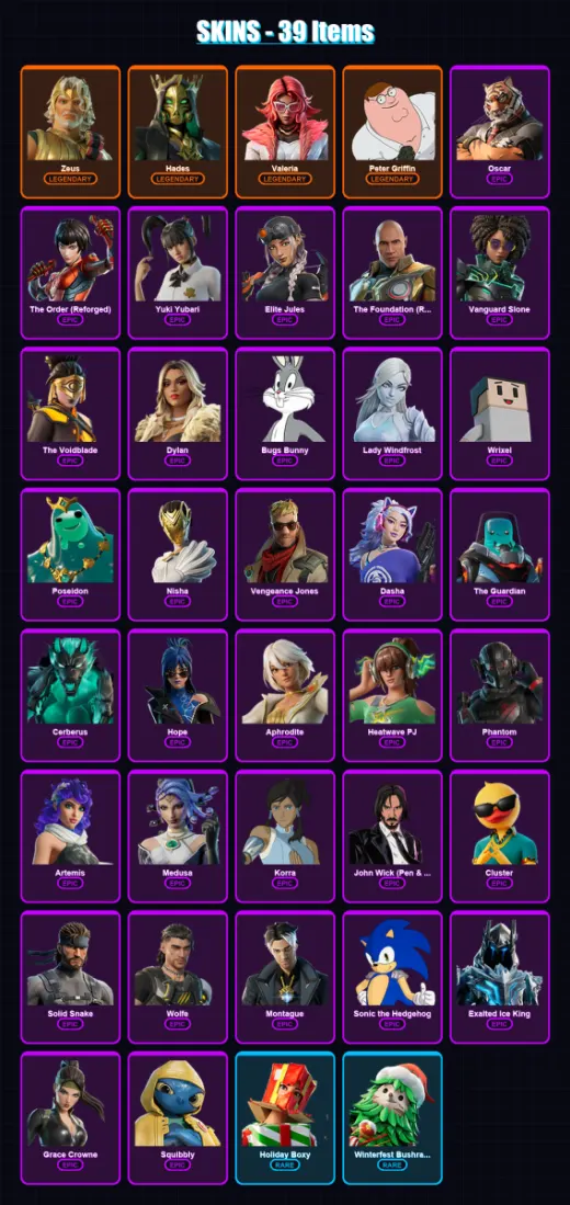 [PC/XBOX/PSN] | Zeus | Hades | Valeria | Peter Griffin | Oscar | 39 skin | 70 pickaxe | 42 emote | 56 glider | Lv627