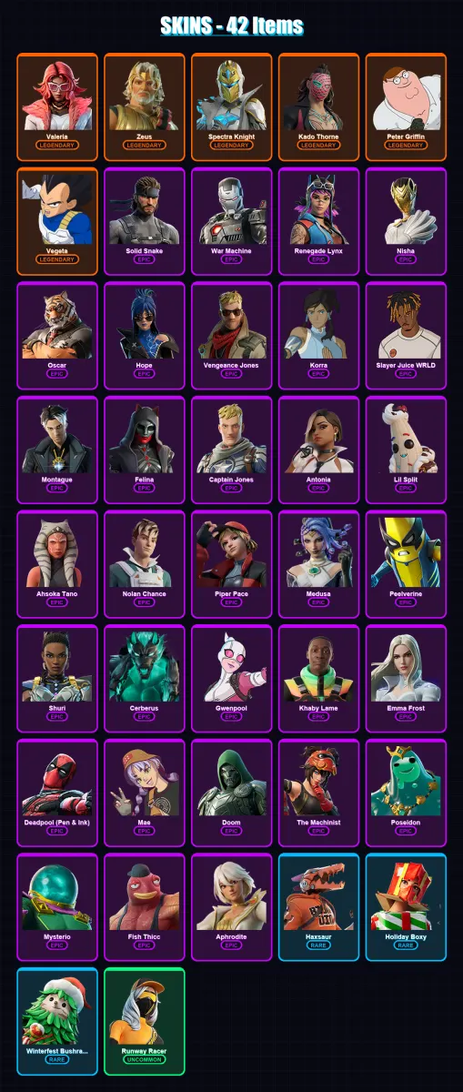 [PC/XBOX/PSN] | Valeria | Zeus | Spectra Knight | Kado Thorne | Peter Griffin | 42 skin | 65 pickaxe | 57 emote | 51 glider | Lv810