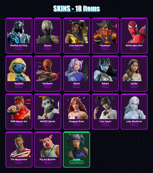 [PS4/PS5/XBOX/PC] | Exalted Ice King | Damon | Luxe Patroller | Pyreheart | Spider-Man Zero | 18 skin | 42 pickaxe | 22 emote | 30 glider | Lv232 — Game account