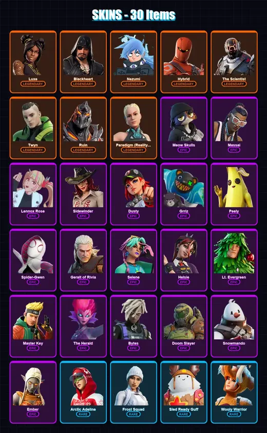 [PC/XBOX/PSN] | Luxe | Blackheart | Nezumi | Hybrid | The Scientist | 30 skin | 45 pickaxe | 49 emote | 51 glider | Lv826