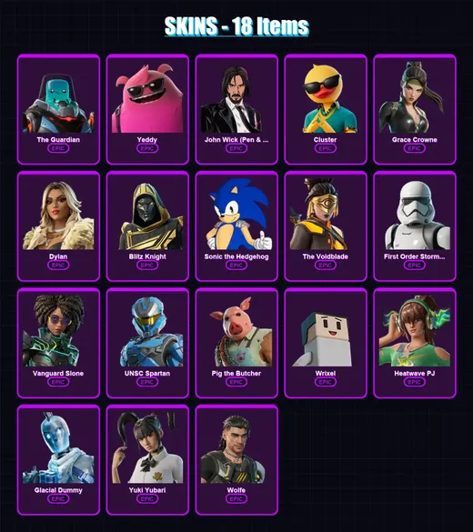 [PC/XBOX] | The Guardian | Yeddy | John Wick (Pen & Ink) | Cluster | Grace Crowne | 18 skin | 74 pickaxe | 32 emote | 50 glider | Lv1095
