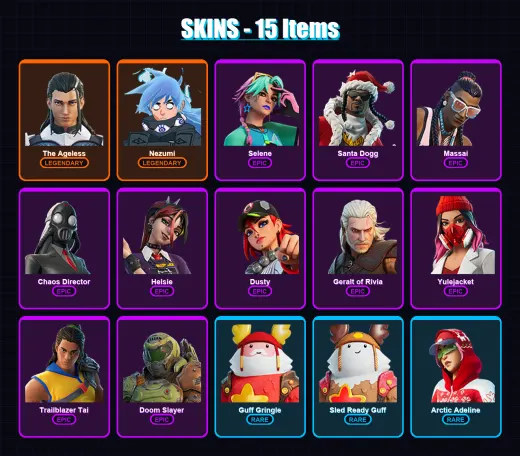 [PC/PSN] | The Ageless | Nezumi | Selene | Santa Dogg | Massai | 15 skin | 48 pickaxe | 23 emote | 39 glider | Lv378