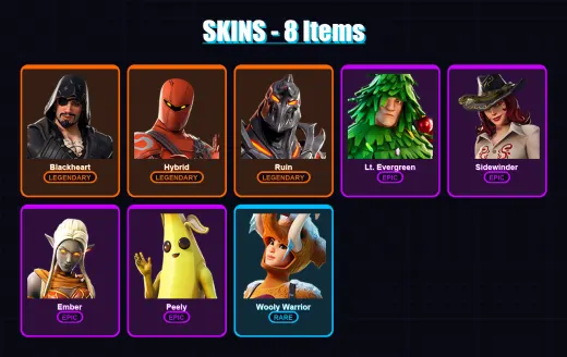 [PC/XBOX/PSN] | Blackheart | Hybrid | Ruin | Lt. Evergreen | Sidewinder | 8 skin | 12 pickaxe | 22 emote | 18 glider | Lv267